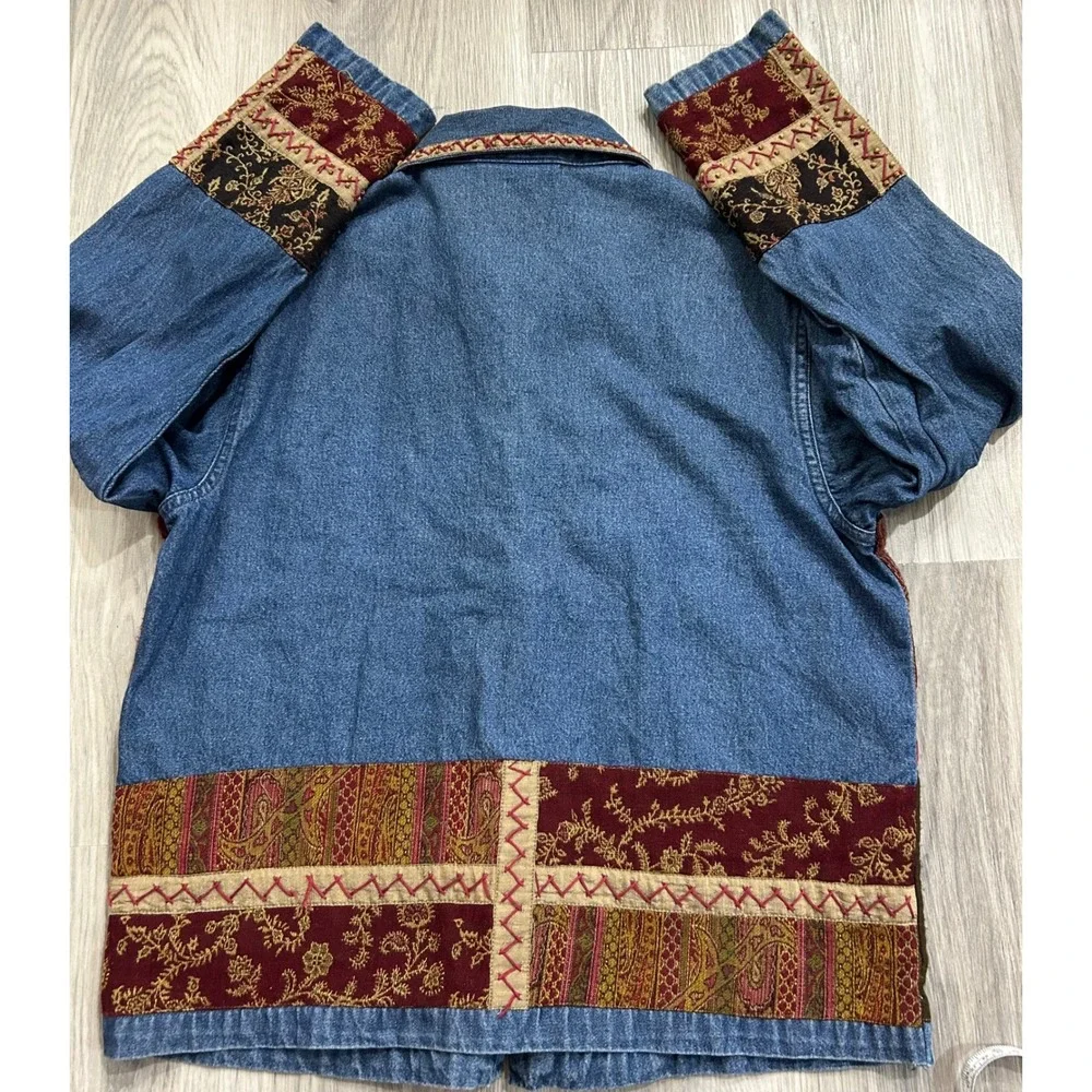 Units Womens Patchwork Tapestry Denim Jacket Cotton Blend Medium Blue Multicolor